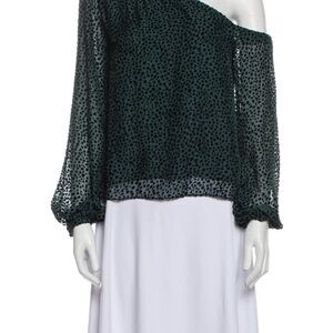 INTERMIX One-Shoulder Dark Green Dot Chiffon Blouse